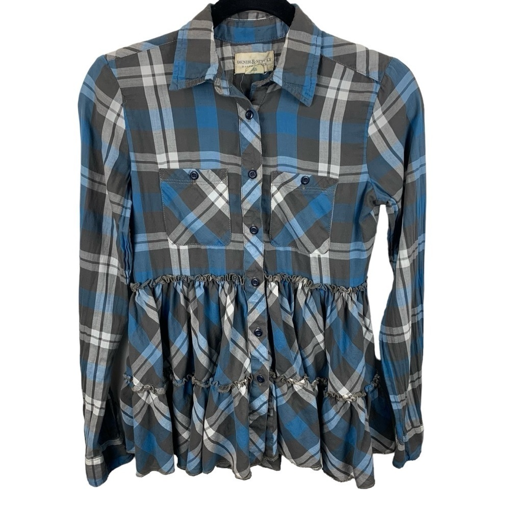 Denim & Supply XS Blue Grey Ruffled Tiered Peplum Women Plaid Shirt Cottagecore